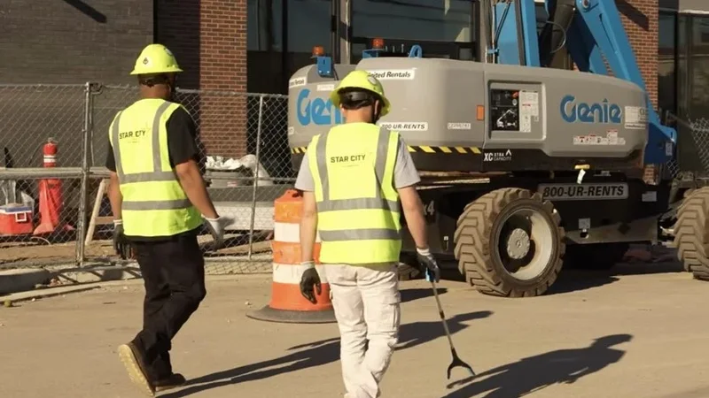 Star City Environmental crew members walking past a boom lift during job site cleanup in Lafayette, Indiana.