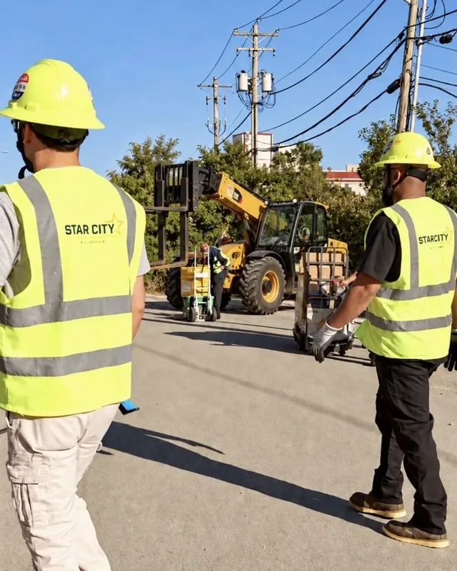 Star City Environmental crew members on a job site cleanup in Lafayette, Indiana, with a telehandler moving materials behind them.