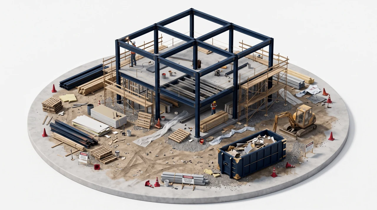 An isometric view of a steel frame building under construction, with scaffolding, stacked lumber, an excavator and a debris dumpster on the site around it.