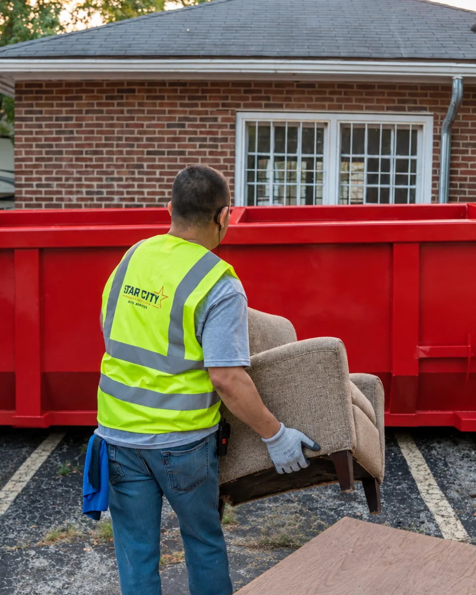 A crew member in a hi-vis vest carrying an armchair to a red dumpster outside a brick building.
