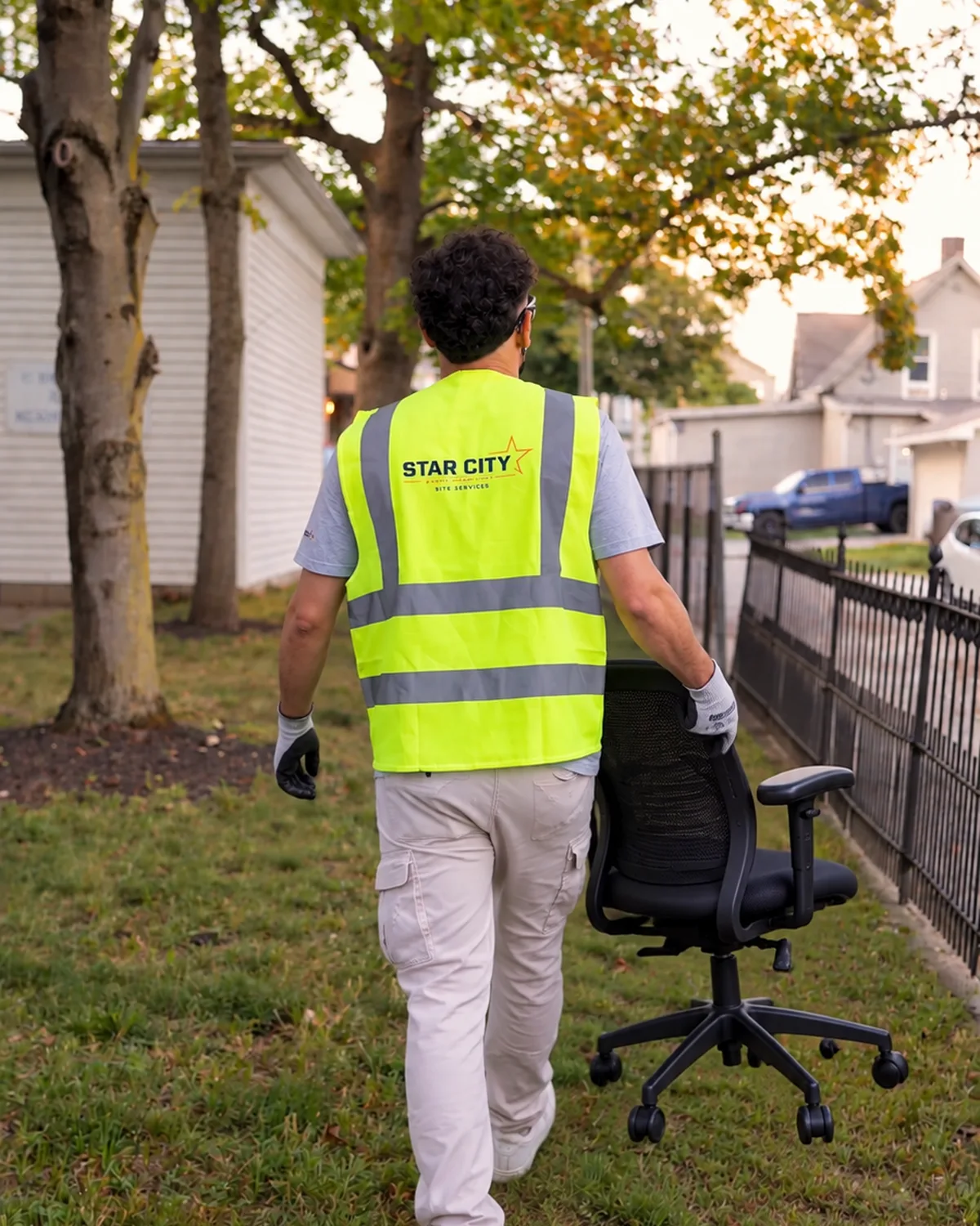 A crew member in a hi-vis vest wheeling a black office chair across a lawn beside a fence.